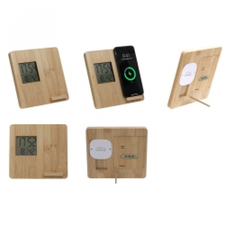 Bambu Masaüstü Saatli Wireless Şarj Cihazı Alarm ve Derece Göstergeli Promosyon